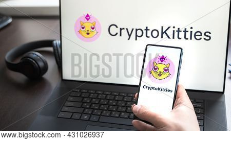 Russia Moscow 30.05.2021.logo, Screenshot Of Blockchain Nft Ethereum Cryptocurrency Game Cryptokitti