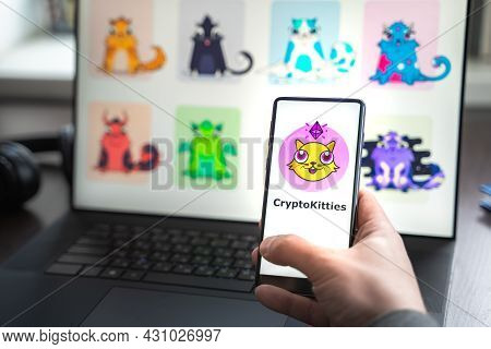 Russia Moscow 30.05.2021.logo, Screenshot Of Blockchain Nft Ethereum Cryptocurrency Game Cryptokitti