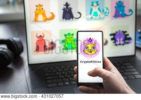 Russia Moscow 30.05.2021.logo, Screenshot Of Blockchain Nft Ethereum Cryptocurrency Game Cryptokitti