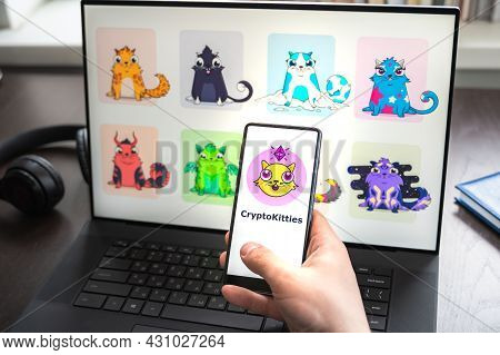 Russia Moscow 30.05.2021.logo, Screenshot Of Blockchain Nft Ethereum Cryptocurrency Game Cryptokitti