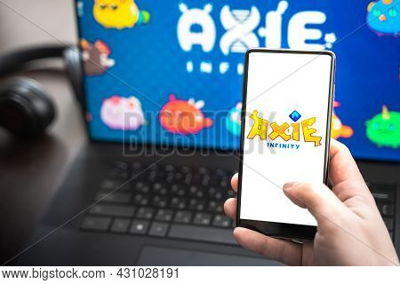 Russia Moscow 30.05.2021.logo,screenshot Of Blockchain Nft Ethereum Cryptocurrency Game Axie In Lapt