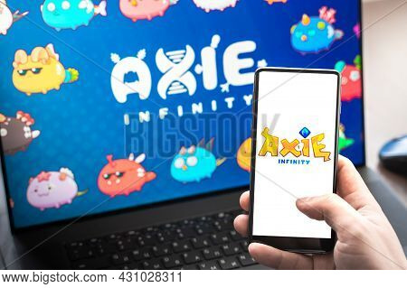 Russia Moscow 30.05.2021.logo,screenshot Of Blockchain Nft Ethereum Cryptocurrency Game Axie In Lapt