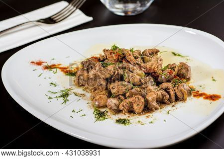 Braised Beef Meat Cubes In White Porcelain Plate