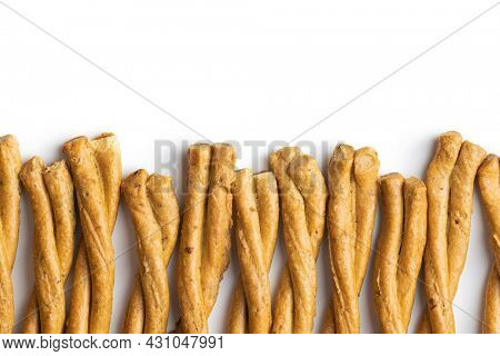 Grissini sticks. Traditional italian bread sticks isolated on white background.