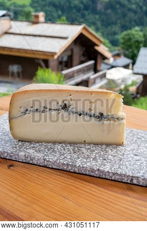 Cheese Collection, French Cheese Made From Raw Cow Milk Morbier And French Mountains Village In Haut