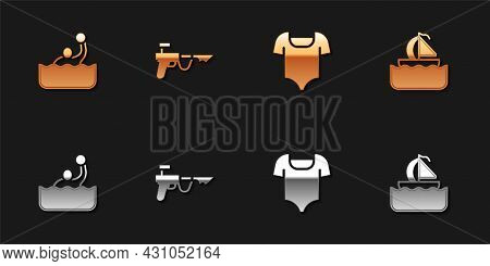 Set Water Polo, Fishing Harpoon, Swimsuit And Yacht Sailboat Icon. Vector