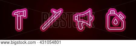 Set Line Firefighter Axe, Metal Pike Pole, Megaphone And Canister Fuel. Glowing Neon Icon. Vector