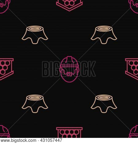 Set Line Wooden Logs, Tree Stump And Lumberjack On Seamless Pattern. Vector