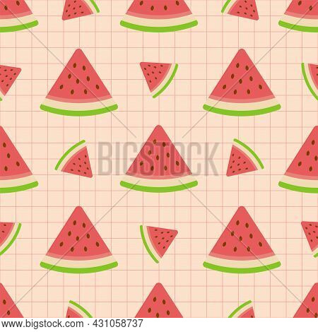 Cute Fresh Fruit Watermelon Cut Half With Grid Lines Seamless Vector Pattern Design