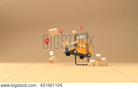 3d. A Delivery Truck Coming Out Of A Mobile Phone. Ready To Ship Spreed Online Shopping, Delivery, C