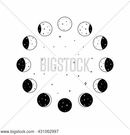 Circular Set Of Moon Phases Icon With Shining Stars Inside In Black Outline Silhouette. Whole Astron