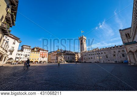 Cathedral Square In Trento Downtown (piazza Del Duomo) With The Neptune Fountain, Civic Tower, Praet