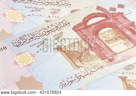 Syrian Pound Or Lira Banknote. Money Of The Arabic Country. Close Up Detailed Money Background. Bank