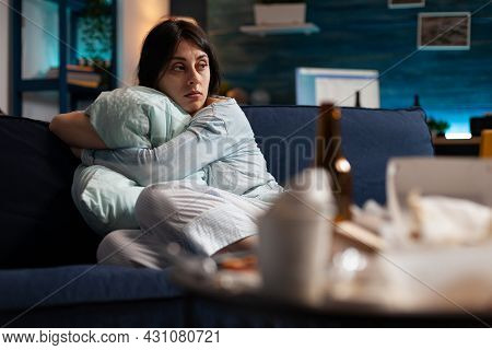 Traumatised, Disappointed, Frustrated, Bipolar Woman Holding Pillow Looking Lost Griefing. Famele Su