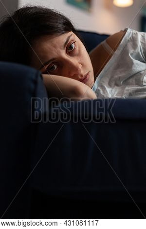Traumatised Depressed Woman Crying Lying On Sofa Suffering From Physical Emotions, Depression Break 