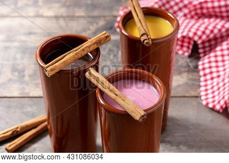 Traditional Mexican Atole Drink On Wooden Table