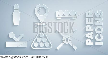 Set Billiard Balls In Rack Triangle, On Stand, Crossed Billiard Cues, Location With Bowling And Bowl