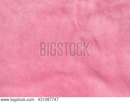 Pink Color Velvet Fabric Texture Top View. Female Blog Rose Velour Background. Smooth Soft Fluffy Ve