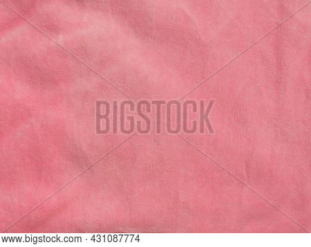 Pink Color Velvet Fabric Texture Top View. Female Blog Rose Velour Background. Smooth Soft Fluffy Ve