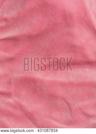 Pink Color Velvet Fabric Texture Top View. Female Blog Rose Velour Background. Smooth Soft Fluffy Ve