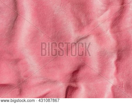 Pink Color Velvet Fabric Texture Top View. Female Blog Rose Velour Background. Smooth Soft Fluffy Ve