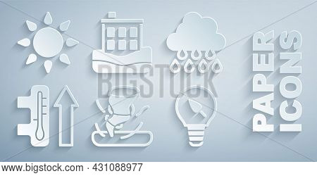 Set Tornado, Cloud With Rain, Global Warming, Light Bulb Leaf, House Flood And Sun Icon. Vector