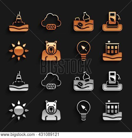 Set Polar Bear Head, Petrol Or Gas Station, House Flood, Light Bulb With Leaf, Sun, Problem Pollutio