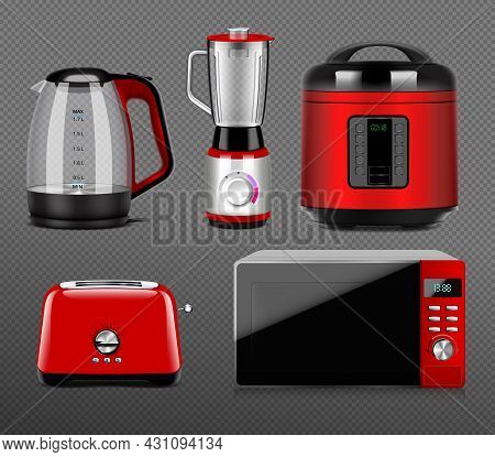 Household Kitchen Appliances Set With Realistic Icons Of Electric Kettle Microwave Oven Toaster Blen