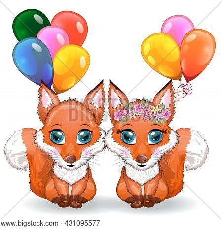 Couple Of Foxes Cute Character With Beautiful Eyes With Balloons, Greeting Card, Love, Valentine's D