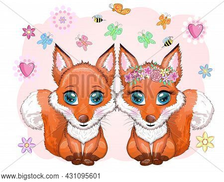 Couple Of Foxes Cute Character With Beautiful Eyes With Balloons, Greeting Card, Love, Valentine's D