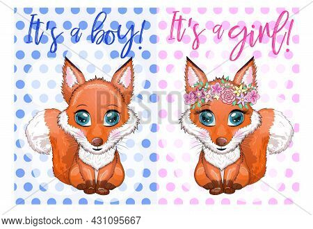 Baby Shower Card Cute Woodland Fox With Flowers And Butterflies On A Pink Background