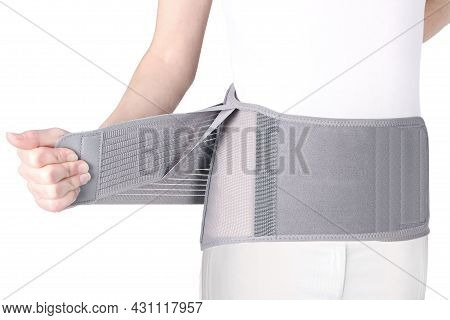 Orthopedic Lumbar Corset On The Human Body. Back Brace, Waist Support Belt For Back. Posture Correct