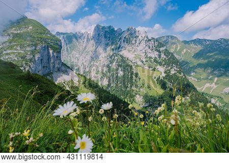 Massive Rock Formation In The Swiss Alps, Unique Mountain, Swiss Alps Mountains At Saxer Lucke Appen
