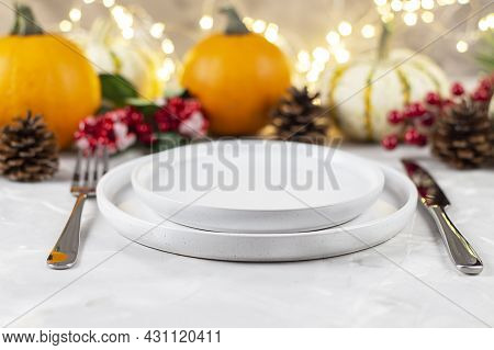 Thanksgiving Dinner. The Festive Table Is Decorated With Pumpkins. Thanksgiving Background. Copy Spa