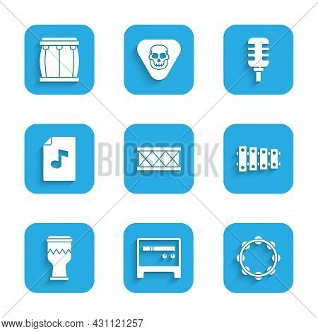 Set Drum, Guitar Amplifier, Tambourine, Xylophone, Music Book With Note, Microphone And Icon. Vector