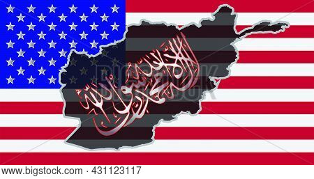 An Outline Map Of Afghanistan And Taliban Insignia Gainst The Background Of The Flag Of The United S