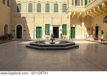 Cairo - Egypt - October 4, 2020: Abdeen Palace And Museum Entrance With Inner Courtyard With Old Can