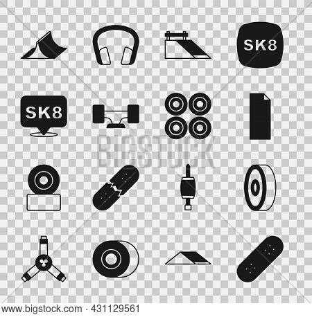 Set Skateboard, Ball Bearing, Grip Tape On Skateboard, Park, Wheel, And Icon. Vector