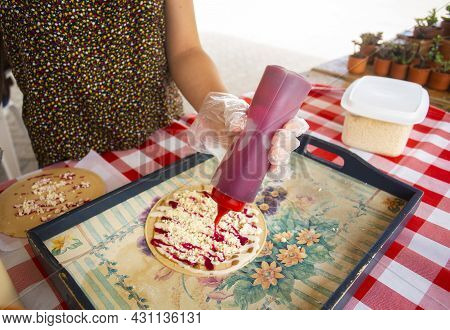 Traditional Colombian Dessert - Wafers With Fruit, Cheese And Caramel Sauce