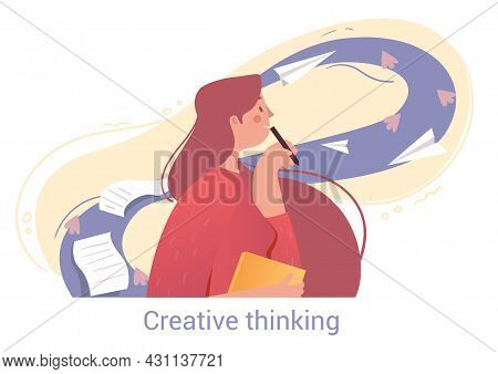 Young Female Character Is Using Creative Thinking For Better Writing On White Background. People Try