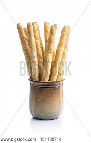 Grissini sticks. Traditional italian bread sticks isolated on white background.