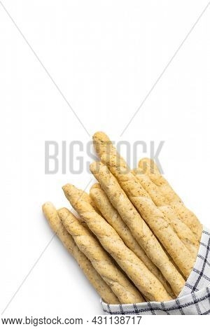 Grissini sticks. Traditional italian bread sticks isolated on white background.