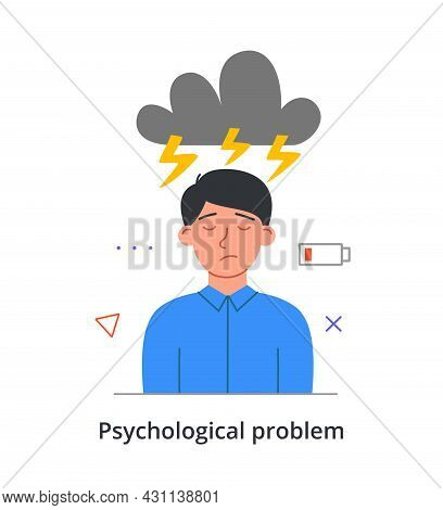 Young Stressed Male Character Is Having A Psychological Problem On White Background. Concept Of Peop