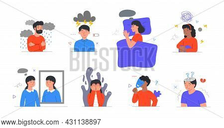 Set With Male And Female Characters Having Mental Health Problems On White Background. People With A