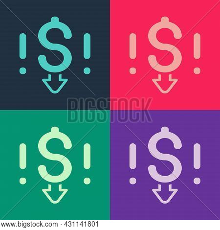 Pop Art Dollar Rate Decrease Icon Isolated On Color Background. Cost Reduction. Money Symbol With Do