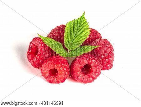 Raspberry Isolated. Raspberries With Leaf Isolate. Raspberry With Leaf Isolated On White