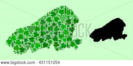 Vector Map Of Kahoolawe Island. Mosaic Of Green Grape Leaves, Wine Bottles. Map Of Kahoolawe Island 