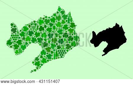 Vector Map Of Liaoning Province. Composition Of Green Grape Leaves, Wine Bottles. Map Of Liaoning Pr