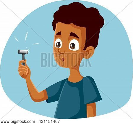 Teen Boy Holding Razor For First Shave Vector Cartoon