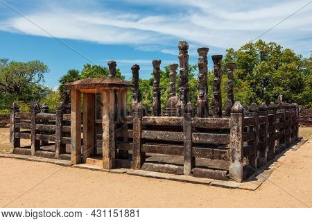 Ruins in Quadrangle group in ancient city Pollonaruwa - famous tourist destination and archaelogical site, Sri Lanka